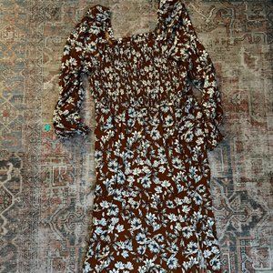La Ligne Dark Orange + White Floral Square Neck Long-Sleeved Smocked Dress